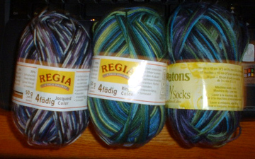 regia jaquard in provence, regia ringel in kolibri, and patons kroy in vista sea